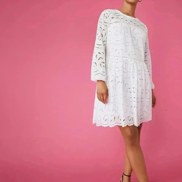 LOFT Eyelet Long Sleeve Swing Dress in White size Medium NWT - Picture 1 of 16